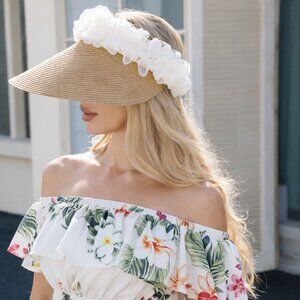 Tan Resort Style Wide Brim Sun Visor Straw Beach Hat Khaki Dark Brown NWT